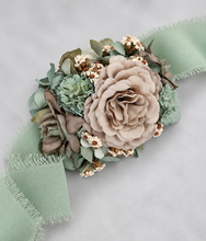 Load image into Gallery viewer, Unique sage green &amp; sand colours everlasting flowers corsage – school formal, prom, wedding
