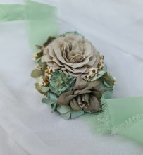 Load image into Gallery viewer, Unique sage green &amp; sand colours everlasting flowers corsage – school formal, prom, wedding
