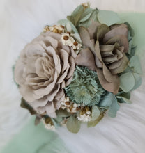 Load image into Gallery viewer, Unique sage green &amp; sand colours everlasting flowers corsage – school formal, prom, wedding
