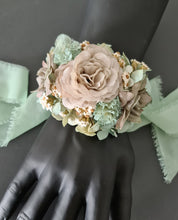 Load image into Gallery viewer, Unique sage green &amp; sand colours everlasting flowers corsage – school formal, prom, wedding
