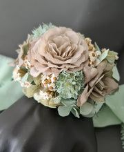 Load image into Gallery viewer, Unique sage green &amp; sand colours everlasting flowers corsage – school formal, prom, wedding
