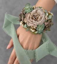 Load image into Gallery viewer, Unique sage green &amp; sand colours everlasting flowers corsage – school formal, prom, wedding
