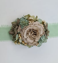 Load image into Gallery viewer, Unique sage green &amp; sand colours everlasting flowers corsage – school formal, prom, wedding

