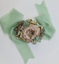Load image into Gallery viewer, Unique sage green &amp; sand colours everlasting flowers corsage – school formal, prom, wedding
