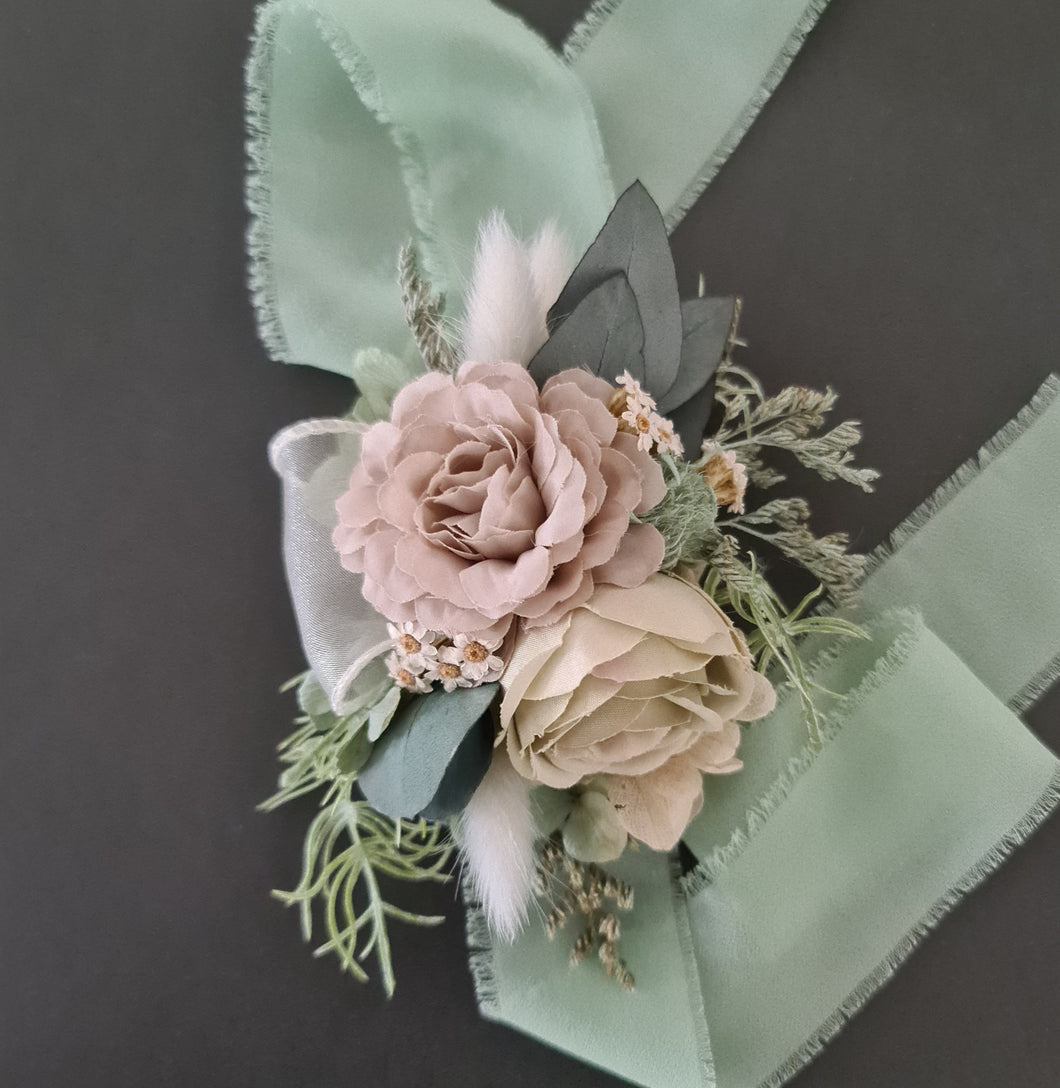 Green, sage green sand colours everlasting flowers corsage – school formal, prom, wedding