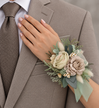 Load image into Gallery viewer, Green, sage green sand colours everlasting flowers corsage – school formal, prom, wedding
