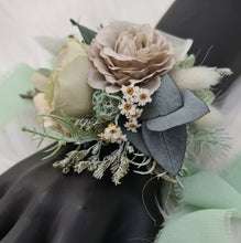 Load image into Gallery viewer, Green, sage green sand colours everlasting flowers corsage – school formal, prom, wedding
