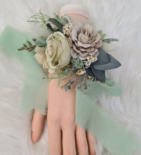 Load image into Gallery viewer, Green, sage green sand colours everlasting flowers corsage – school formal, prom, wedding
