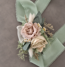 Load image into Gallery viewer, Green, sage green sand colours everlasting flowers corsage – school formal, prom, wedding
