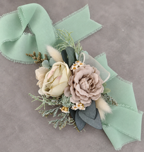 Load image into Gallery viewer, Green, sage green sand colours everlasting flowers corsage – school formal, prom, wedding
