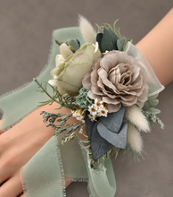 Load image into Gallery viewer, Green, sage green sand colours everlasting flowers corsage – school formal, prom, wedding
