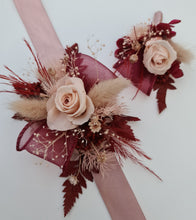 Load image into Gallery viewer, Blush pink &amp; burgundy preserved flowers corsage &amp; buttonhole – school formal, prom, wedding
