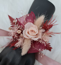 Load image into Gallery viewer, Blush pink &amp; burgundy preserved flowers corsage &amp; buttonhole – school formal, prom, wedding
