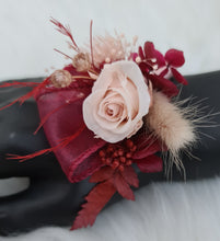 Load image into Gallery viewer, Blush pink &amp; burgundy preserved flowers corsage &amp; buttonhole – school formal, prom, wedding
