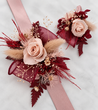 Load image into Gallery viewer, Blush pink &amp; burgundy preserved flowers corsage &amp; buttonhole – school formal, prom, wedding
