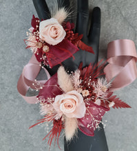 Load image into Gallery viewer, Blush pink &amp; burgundy preserved flowers corsage &amp; buttonhole – school formal, prom, wedding
