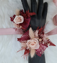 Load image into Gallery viewer, Blush pink &amp; burgundy preserved flowers corsage &amp; buttonhole – school formal, prom, wedding
