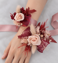 Load image into Gallery viewer, Blush pink &amp; burgundy preserved flowers corsage &amp; buttonhole – school formal, prom, wedding
