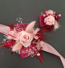 Load image into Gallery viewer, Blush pink &amp; burgundy preserved flowers corsage &amp; buttonhole – school formal, prom, wedding
