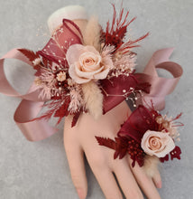 Load image into Gallery viewer, Blush pink &amp; burgundy preserved flowers corsage &amp; buttonhole – school formal, prom, wedding
