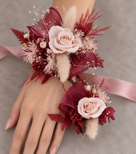 Load image into Gallery viewer, Blush pink &amp; burgundy preserved flowers corsage &amp; buttonhole – school formal, prom, wedding
