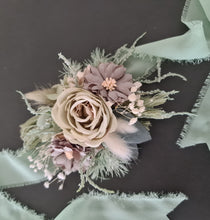 Load image into Gallery viewer, Sand &amp; sage green everlasting flowers corsage – school formal, prom, wedding
