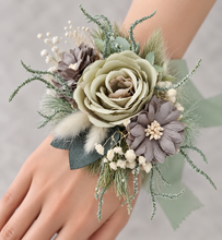 Load image into Gallery viewer, Sand &amp; sage green everlasting flowers corsage – school formal, prom, wedding
