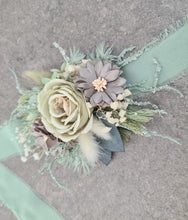 Load image into Gallery viewer, Sand &amp; sage green everlasting flowers corsage – school formal, prom, wedding
