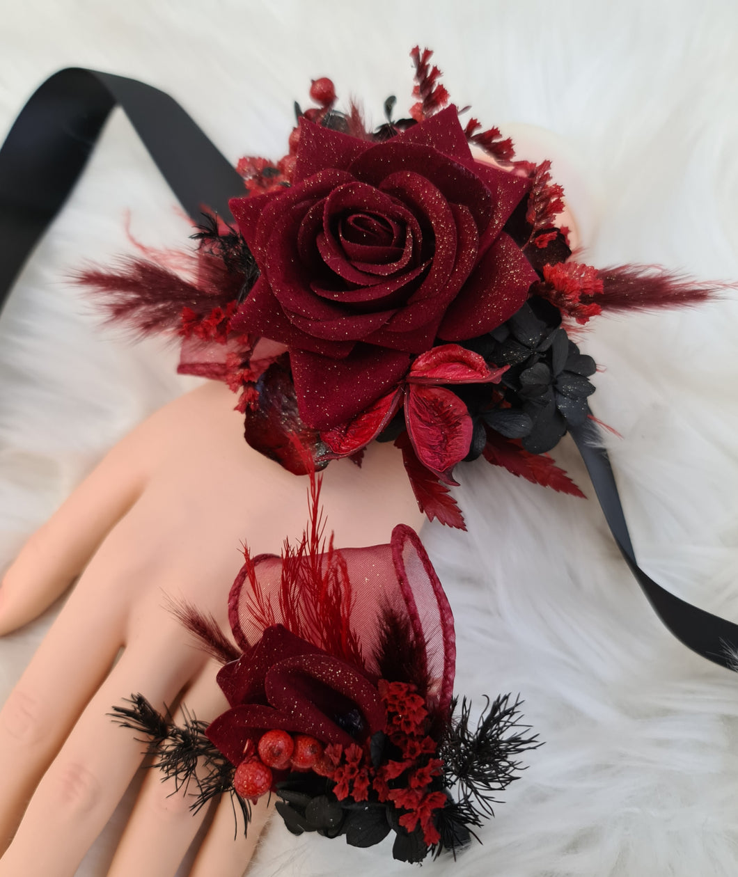 Burgundy & black w gold glitter everlasting flowers corsage & buttonhole – school formal, prom, wedding