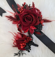 Load image into Gallery viewer, Burgundy &amp; black w gold glitter everlasting flowers corsage &amp; buttonhole – school formal, prom, wedding
