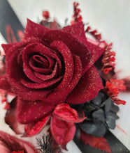 Load image into Gallery viewer, Burgundy &amp; black w gold glitter everlasting flowers corsage &amp; buttonhole – school formal, prom, wedding
