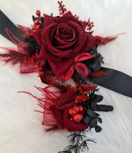 Load image into Gallery viewer, Burgundy &amp; black w gold glitter everlasting flowers corsage &amp; buttonhole – school formal, prom, wedding
