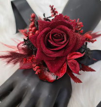 Load image into Gallery viewer, Burgundy &amp; black w gold glitter everlasting flowers corsage &amp; buttonhole – school formal, prom, wedding
