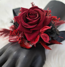 Load image into Gallery viewer, Burgundy &amp; black w gold glitter everlasting flowers corsage &amp; buttonhole – school formal, prom, wedding
