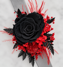 Load image into Gallery viewer, Oversized fully preserved black &amp; red corsage – school formal, prom, graduation
