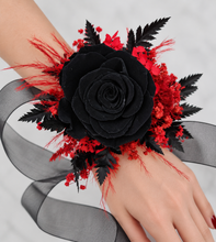 Load image into Gallery viewer, Oversized fully preserved black &amp; red corsage – school formal, prom, graduation
