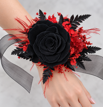 Load image into Gallery viewer, Oversized fully preserved black &amp; red corsage – school formal, prom, graduation
