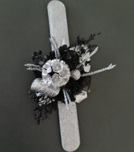 Load image into Gallery viewer, Preserved flowers black &amp; silver snap lock corsage – school formal, prom, graduation

