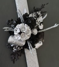 Load image into Gallery viewer, Preserved flowers black &amp; silver snap lock corsage – school formal, prom, graduation
