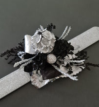 Load image into Gallery viewer, Preserved flowers black &amp; silver snap lock corsage – school formal, prom, graduation
