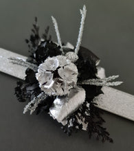 Load image into Gallery viewer, Preserved flowers black &amp; silver snap lock corsage – school formal, prom, graduation
