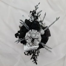 Load image into Gallery viewer, Preserved flowers black &amp; silver snap lock corsage – school formal, prom, graduation
