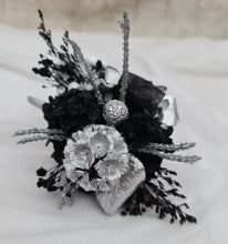 Load image into Gallery viewer, Preserved flowers black &amp; silver snap lock corsage – school formal, prom, graduation
