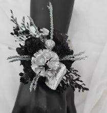 Load image into Gallery viewer, Preserved flowers black &amp; silver snap lock corsage – school formal, prom, graduation
