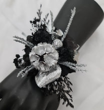 Load image into Gallery viewer, Preserved flowers black &amp; silver snap lock corsage – school formal, prom, graduation
