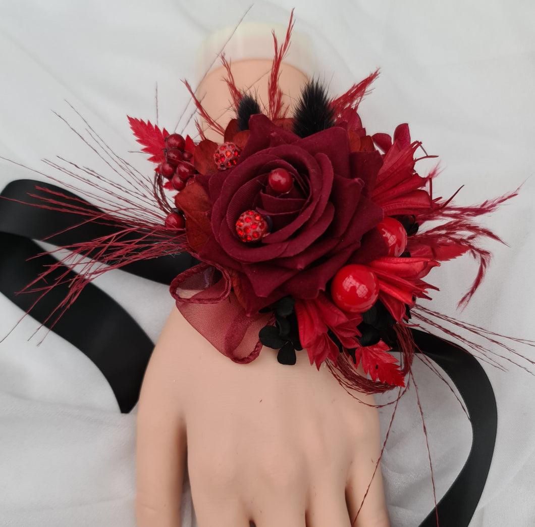 Everlasting flowers black & red corsage w crystals – school formal, prom, graduation