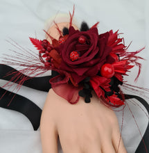Load image into Gallery viewer, Everlasting flowers black &amp; red corsage w crystals – school formal, prom, graduation
