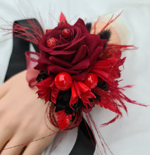 Load image into Gallery viewer, Everlasting flowers black &amp; red corsage w crystals – school formal, prom, graduation
