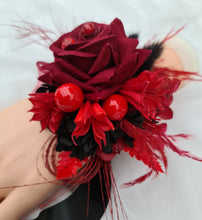 Load image into Gallery viewer, Everlasting flowers black &amp; red corsage w crystals – school formal, prom, graduation
