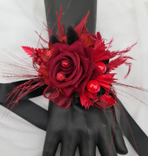 Load image into Gallery viewer, Everlasting flowers black &amp; red corsage w crystals – school formal, prom, graduation
